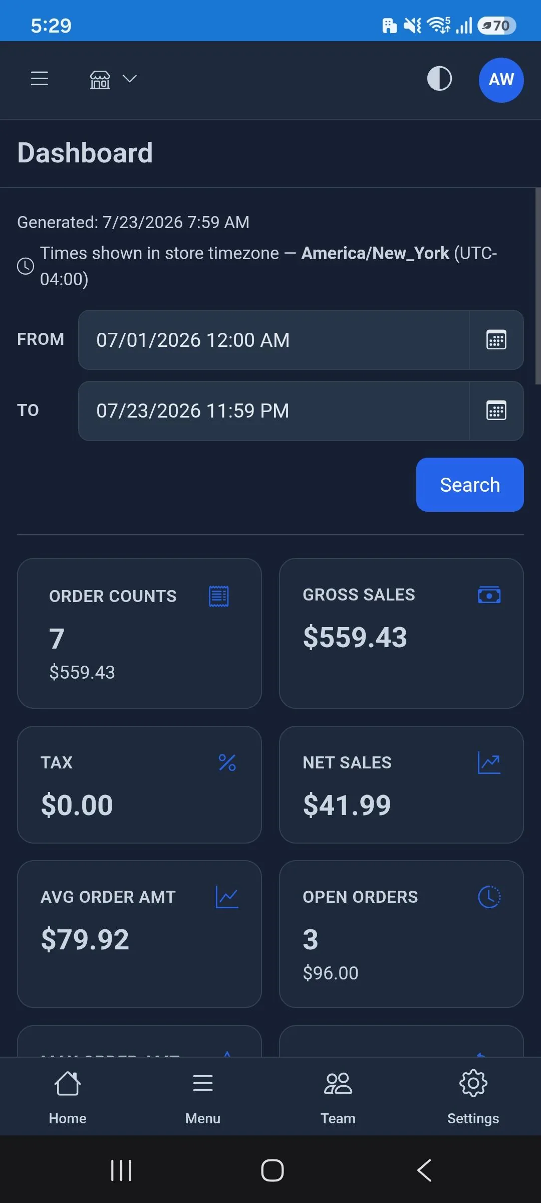The Branch web dashboard on a phone showing sales totals for the day