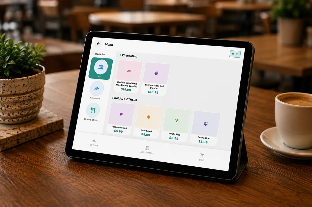A tablet showing the Branch Eats order screen with items and prices