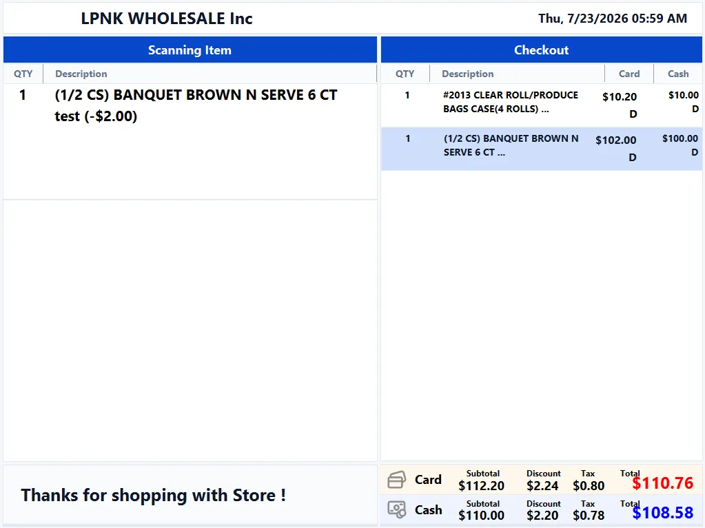 A customer display showing separate cash and card totals for a sale